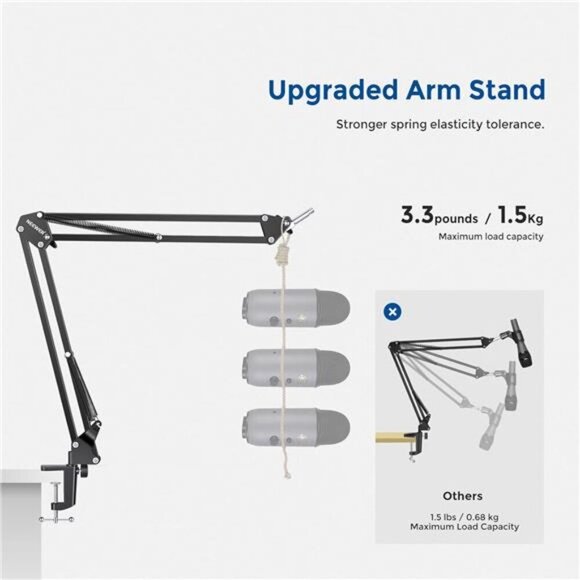 Microphone Arm Stand, Suspension Boom Scissor Mic Arm Stand with 3/8” to 5/8” - Picture 3 of 7
